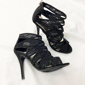 Mix No. 6 Lace Eyelet Peep Toe Back Zip Bootie Heel Pumps Black 6